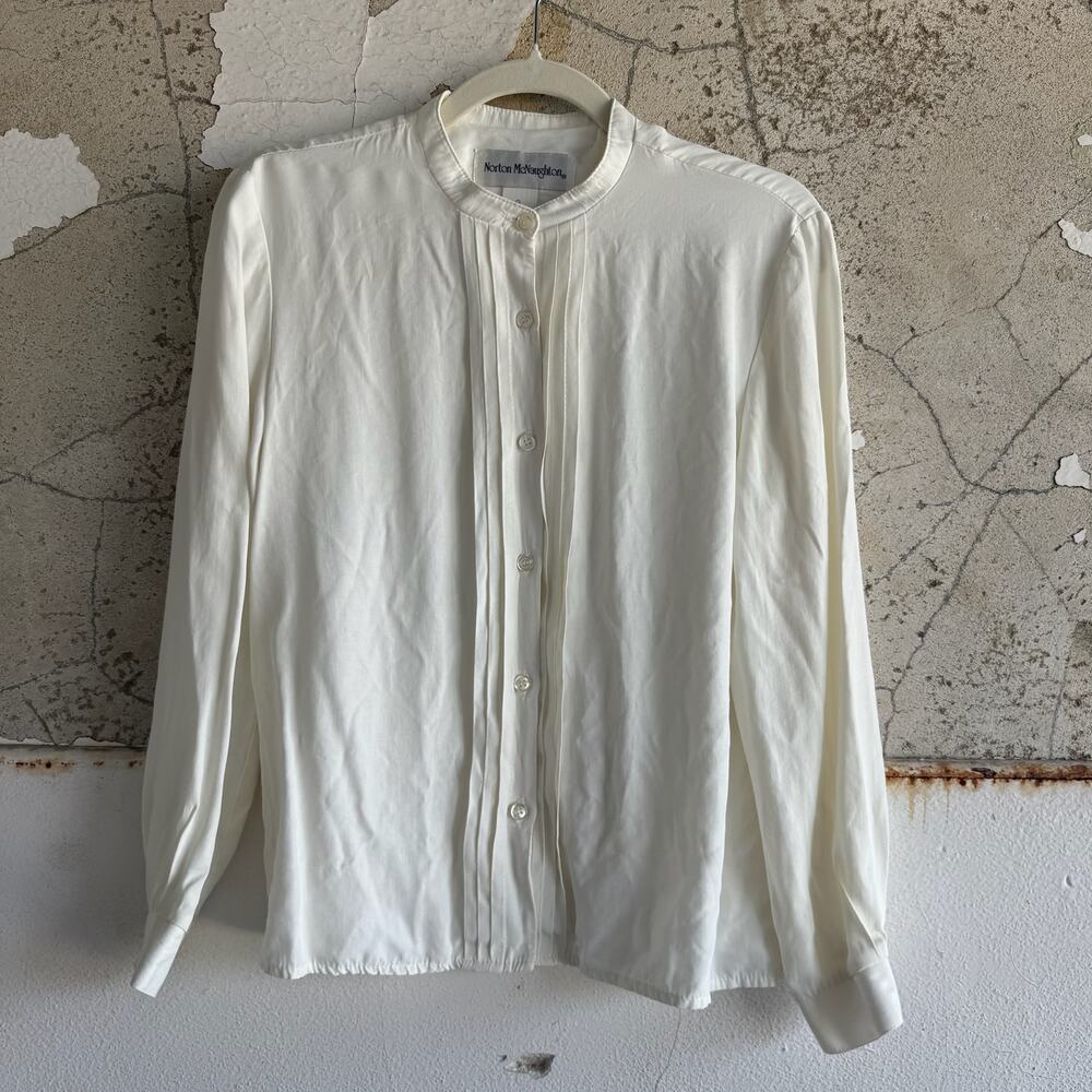 Norton Mcnaughton White Long Sleeve Vintage Button Up Blouse Shoulder‎ Pads